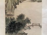 chinese painting of a boat on a river with a mountain in the background