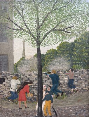 tableau représentant un groupe de personnes marchant dans une rue, près d'un mur de pierre