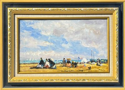 une peinture à l'huile représentant un groupe de personnes assises sur une plage