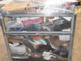 a cart with a lot of shoes on it in a warehouse