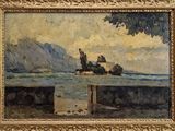 une image représentant un tableau d'un lac avec une montagne en arrière-plan