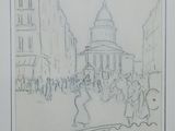 drawing of a crowd of people walking down a street in front of a building