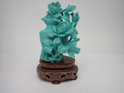 CHINE Vase couvert en turquoise ou turquénite, H. 7cm, avec socle bois - Photo 1
