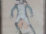 tableau représentant un homme vêtu d'une veste bleue et d'un pantalon blanc, tenant une canne