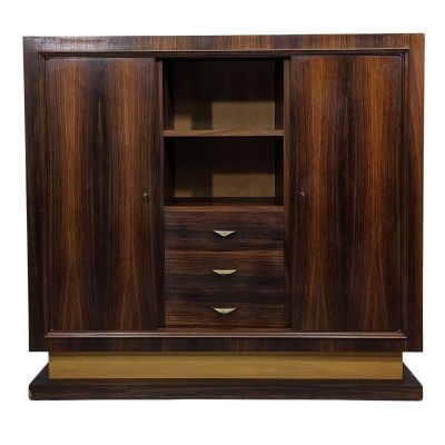 a wooden cabinet with two drawers and a shelf in the middle