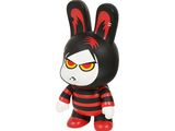 the black and red bunny is wearing a striped shirt and red shoes