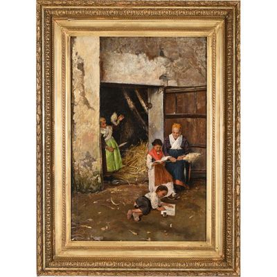 un tableau représentant deux enfants et un chien devant une grange