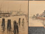 deux dessins représentant des bateaux sur un plan d'eau près d'un embarcadère