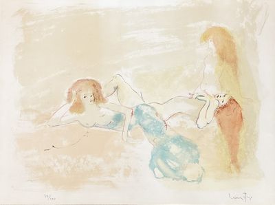 painting of two women sitting on a beach with a dog