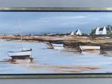 une peinture de bateaux dans l'eau sur la plage