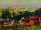an image of a painting of a landscape with a church in the distance
