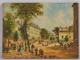 painting of a street scene with people walking and a horse drawn carriage