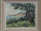 une peinture à l'huile représentant une vue sur une baie, avec des arbres et un bâtiment au loin