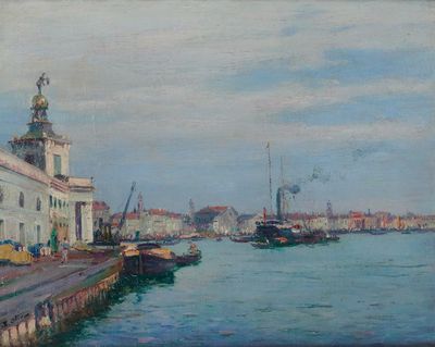 une peinture représentant une scène portuaire avec des bateaux dans l'eau
