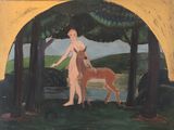 a painting of a woman and a deer in the woods