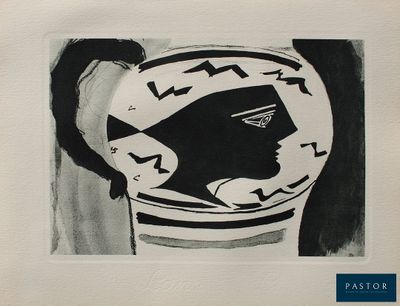 an image of a black and white drawing of a woman ' s face in a vase