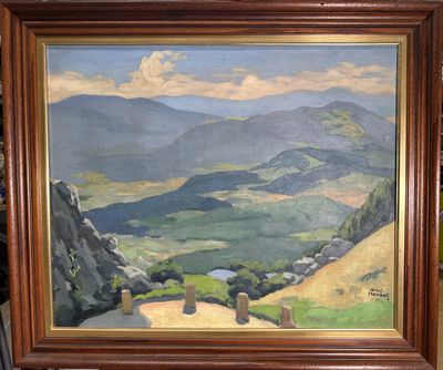 une photo d'un tableau représentant un paysage de montagne
