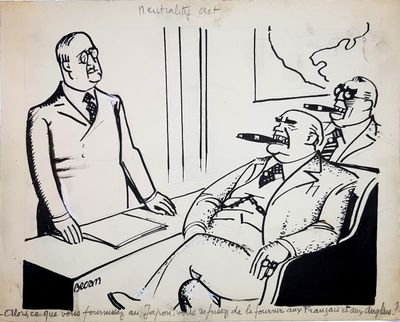 drawing of a man sitting in a chair talking to a man in a suit