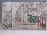 painting of a street scene with buildings and people walking on the sidewalk