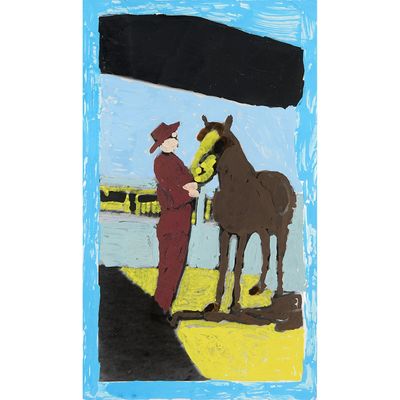 un tableau représentant un homme debout à côté d'un cheval