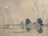 a picture of a painting of a landscape with a bench