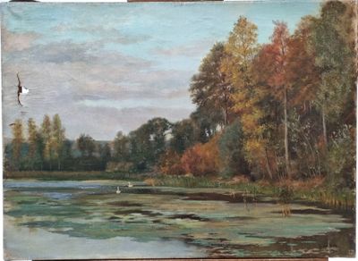 an oil painting of a lake surrounded by trees on a sunny day
