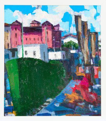 une peinture à l'huile représentant une rue de la ville, avec des bâtiments et une borne d'incendie rouge au premier plan