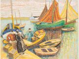 tableau représentant un groupe de bateaux amarrés à un quai par une journée ensoleillée