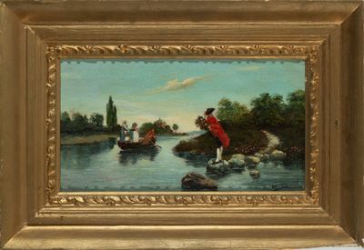 a painting of a man on a boat in the water