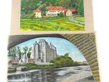 two paintings of a church and a river under a bridge