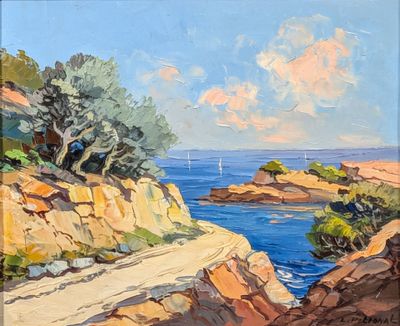 une peinture à l'huile représentant une vue de l'océan depuis une falaise