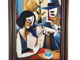 tableau représentant un homme et une femme en train de lire un livre à une table