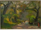 an oil painting of a person walking down a path in a park