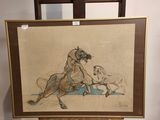 une image représentant un dessin d'un homme à cheval posé sur un chevalet