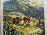 une peinture représentant une montagne avec une maison au premier plan
