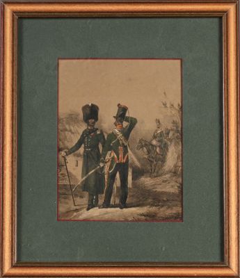 tableau représentant deux hommes en uniforme militaire, une épée à la main, en train de marcher