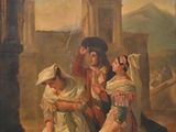tableau représentant deux femmes et un homme assis dans une cour