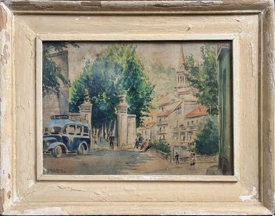 painting of an old car parked in front of a building with a clock tower
