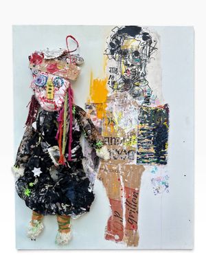 painting of a couple of dolls made out of torn paper