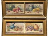 deux tableaux représentant des fruits et des vases posés sur une table, sur fond blanc