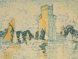 un tableau représentant des voiliers sur l'eau, près d'un château