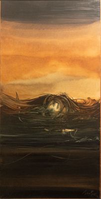 une image d'un tableau représentant un coucher de soleil sur une étendue d'eau