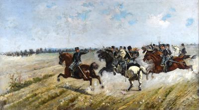 un tableau représentant un groupe d'hommes à cheval dans un champ