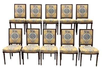 a set of six chairs with blue and yellow upholstered upholstered upholstered upholstered
