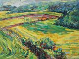 an oil painting of a field with trees in the distance