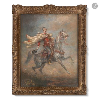 tableau représentant un homme à cheval avec une femme à ses côtés