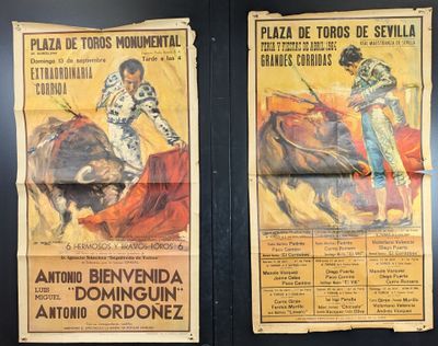 deux affiches représentant un taureau et un homme lors d'une corrida