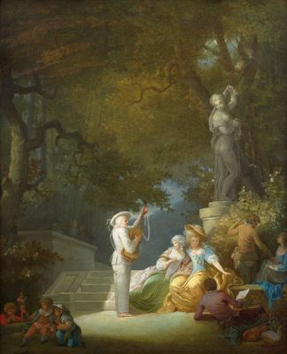 une image représentant un tableau où l'on voit un homme et une femme dans un décor boisé