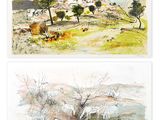 three watercolor paintings of sheep grazing in a field with a mountain in the background