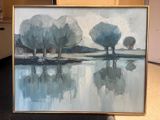 a picture of a painting of trees on the water
